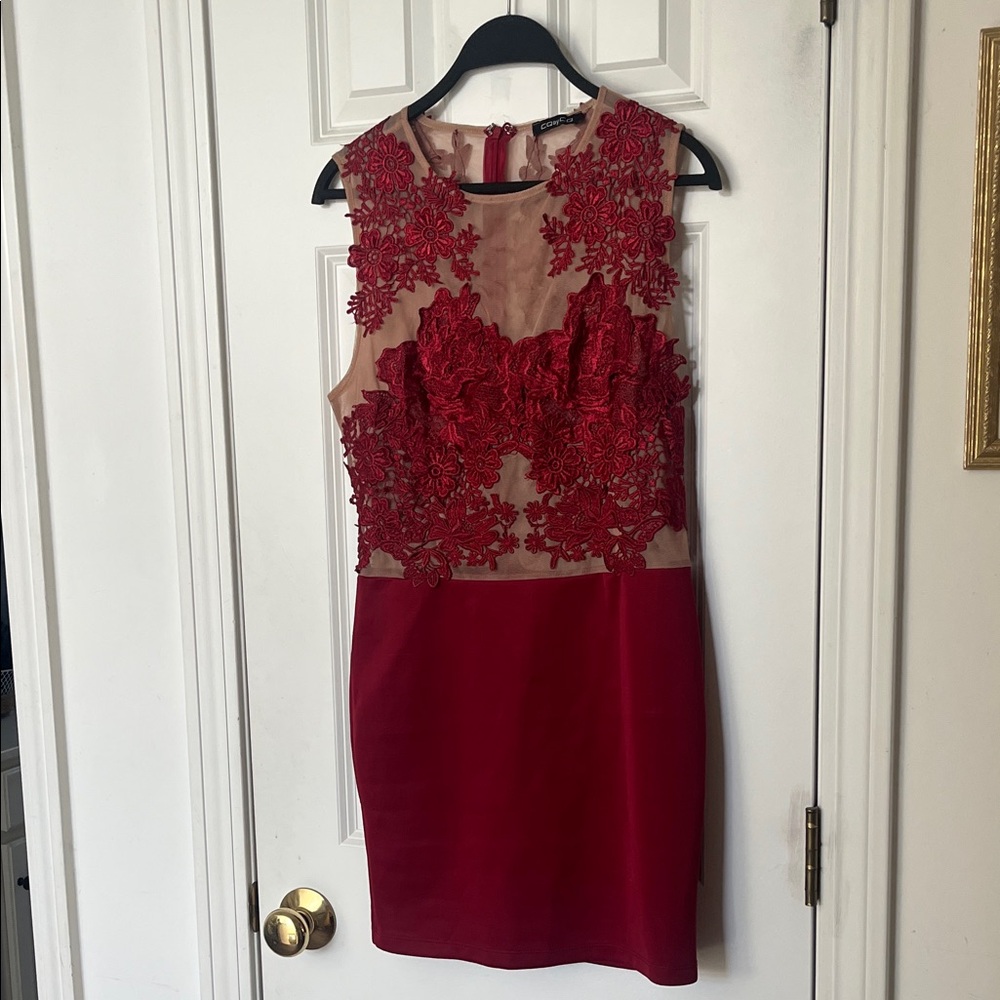 NWOT! Cqbycq Chic Red Floral Lace and Beige Mini Dress